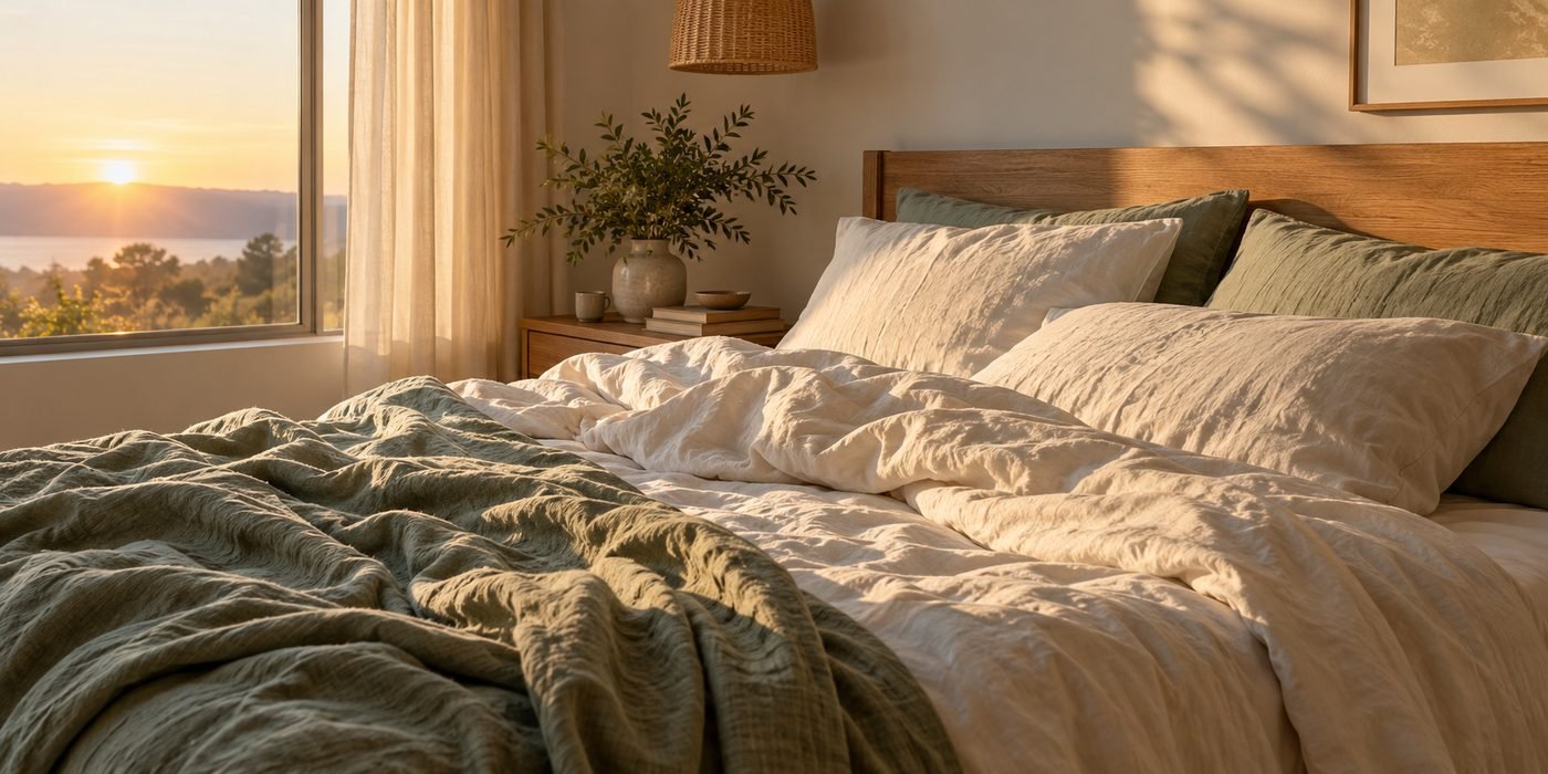 Quarto com roupa de cama de linho iluminado pelo sol da manhã